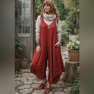 Lungo L'Arno lagenlook linen blend Rust Red Jumpsuit wide legs XS oversized